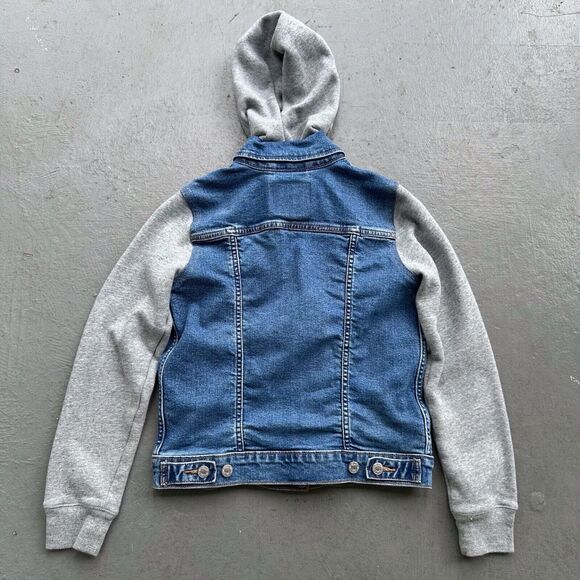 Levi’s Hybrid Twofer Hooded Denim Jean Trucker Jacket - Dark Wash Gray Wmns XS - Picture 3 of 12